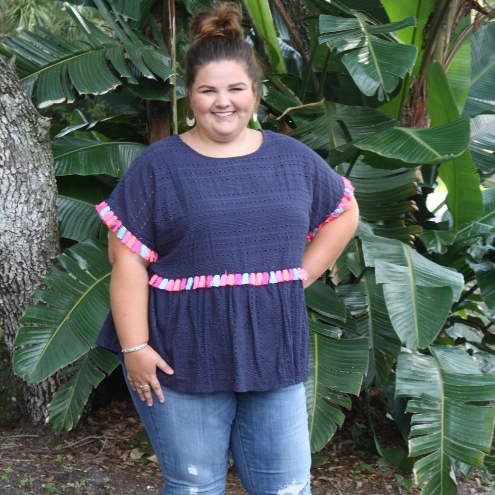 Andree by Unit Navy Eyelet & Neon Tassel Top